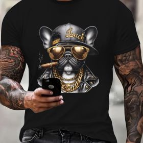 Cool Hip-hop Dog Gold Chain Pattern Print, Men's Round Neck Short Sleeved T-shirt, Casual Men's Top, Men's Daily Comfortable Clothing (Color: Black, size: 3XL)