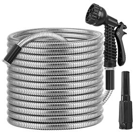25FT/50FT/100FT Heavy Duty Stainless Steel Garden Hose Garden Watering Kit Metal Water Hose with 2 Nozzles 12 Patterns Flexible Extendable Kink T (Length: 100ft)