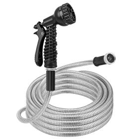 25FT/50FT/100FT Heavy Duty Stainless Steel Garden Hose Garden Watering Kit Metal Water Hose with 2 Nozzles 12 Patterns Flexible Extendable Kink T (Length: 25ft)