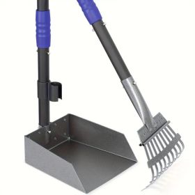 Stainless steel dog poop scoop set, durable, rust proof tray and rake set, adjustable handle pet waste removal spoon, easy to clean (Color: Black&Blue)