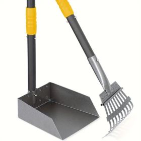 Stainless steel dog poop scoop set, durable, rust proof tray and rake set, adjustable handle pet waste removal spoon, easy to clean (Color: Black&Yellow)