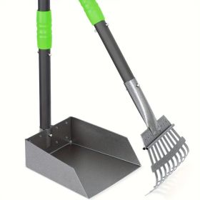 Stainless steel dog poop scoop set, durable, rust proof tray and rake set, adjustable handle pet waste removal spoon, easy to clean (Color: Silver&Green)