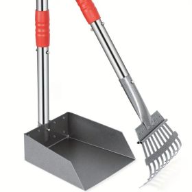 Stainless steel dog poop scoop set, durable, rust proof tray and rake set, adjustable handle pet waste removal spoon, easy to clean (Color: Black and Red)