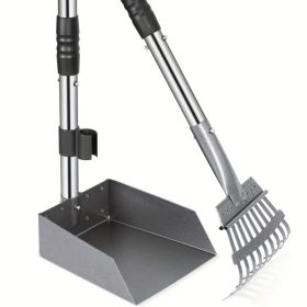 Stainless steel dog poop scoop set, durable, rust proof tray and rake set, adjustable handle pet waste removal spoon, easy to clean (Color: Silver&Black)