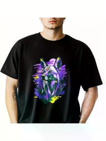 Men's Wolf Dog Graphic T-Shirt - Soft Cotton Crewneck Tee, Black with Vibrant Purple & Blue Art Design (Color: Black, size: XXL)