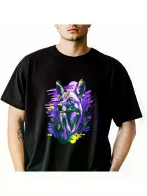 Men's Wolf Dog Graphic T-Shirt - Soft Cotton Crewneck Tee, Black with Vibrant Purple & Blue Art Design (Color: Black, size: XXXL)