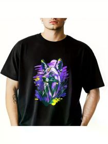 Men's Wolf Dog Graphic T-Shirt - Soft Cotton Crewneck Tee, Black with Vibrant Purple & Blue Art Design (Color: Black, size: L)
