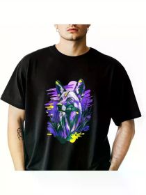 Men's Wolf Dog Graphic T-Shirt - Soft Cotton Crewneck Tee, Black with Vibrant Purple & Blue Art Design (Color: Black, size: XL)