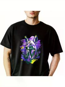 Men's Wolf Dog Graphic T-Shirt - Soft Cotton Crewneck Tee, Black with Vibrant Purple & Blue Art Design (Color: Black, size: S)