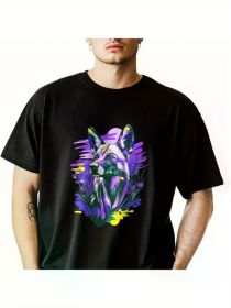 Men's Wolf Dog Graphic T-Shirt - Soft Cotton Crewneck Tee, Black with Vibrant Purple & Blue Art Design (Color: Black, size: M)