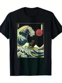 Black Funny Surf Dog Japanese Kanagawa Wave Labrador T-Shirt (Color: Black, size: XL)