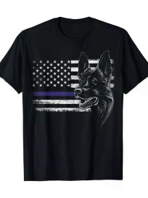 American Flag Blue Line Flag Patriotic K-9 Police Dog T-Shirt (Color: Black, size: XXL)