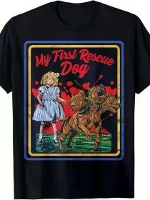 Vintage Game Horror, Dark Humor, My First Rescue Dog T-Shirt Funny Ghost Halloween T-Shirt (Color: Black, size: S)
